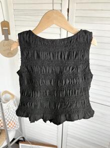 SHEIN 青少年女孩船领无袖荷叶边下摆背心