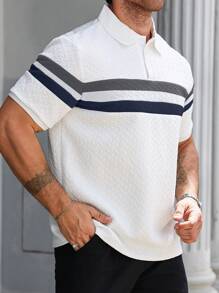 Manfinity Homme Plus Size Men's Casual Patchwork Stripe Textured Short Sleeve Polo Shirt, Summer