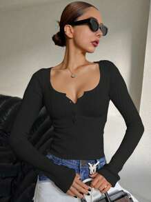 DAZY Women's Casual Solid Color Ribbed Slim Fit Crop Tops Long Sleeve T-Shirt,Fall Clothes,Back To School Clothes - Black - View 2