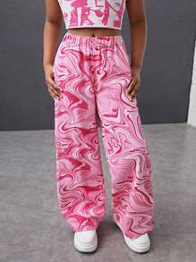 Tween Girls Summer Y2K Marble Print Drawstring Elastic Waist Wide Leg Casual Baggy Jeans Wide Leg Jeans For Daily Wear,Girls Summer Concert Festival Causal Rave Outfits, Girls Summer Brunch Church Graduation Outfits,Streetwear Back To School Outfits