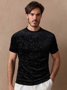 HIMLAND 男士针织时尚日常年轻休闲华丽天鹅绒压花修身短袖T恤，夏季 - 黑色 - 查看 1
