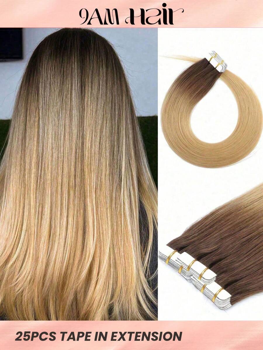 25pcs Tape In Straight Colored Human Hair Extension Real Extension For Women Daily Use Real Easy Wear Natural Looking Hair Extensions - S5/24 - View 1