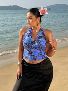 SHEIN MOOSTA 女士露背吊带花卉豹纹网纱上衣，甜美时尚，适合夏季海滩度假 - 藍色 - 查看 6