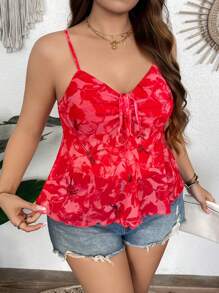 SHEIN VCAY Plus Size Women Floral Print Fashion Front Drawstring Design Camisole Vest