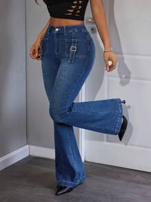 SHEIN ICON Women's Denim Flare Leg Pants, Fashionable For Summer - Blue - View 3