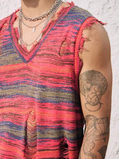 Street Life Men's Gradient Distressed V-Neck Sleeveless Casual Top, Suitable For Everyday Wear Vacation