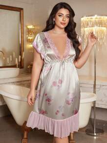Plus Size V-Neck Floral Print Lace Patchwork Nightgown Babydoll Luxeloungewear - Multicolor - View 3