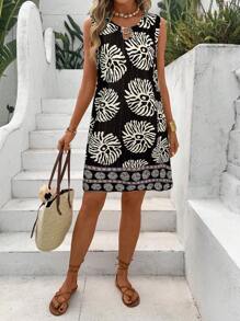 SHEIN LUNE 女式 U 领金属环装饰 A 字下摆印花休闲度假无袖连衣裙，夏季