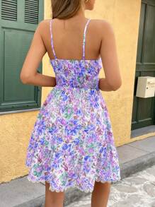 SHEIN VCAY Váy yếm ren họa tiết hoa tương phản cho kỳ nghỉ hè của phụ nữ - Màu tím - Xem 2