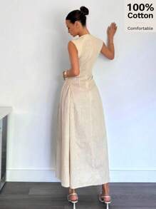 Siren Gaze 100%纯棉女士新款金属扣装饰纯色连衣裙女士正式连衣裙女士春季连衣裙女士服装女士工作服、母亲节服装、女士婚礼宾客服装、蜜月服装、女士教堂服装、优雅连衣裙、女士端庄连衣裙、度假连衣裙、奶油黄连衣裙 - 杏色 - 查看 2