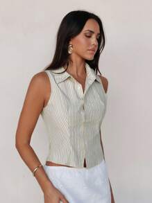 Roylia Striped Shirt Collar Cardigan, Fitted Sleeveless Cropped Shirt - Khaki - View 5