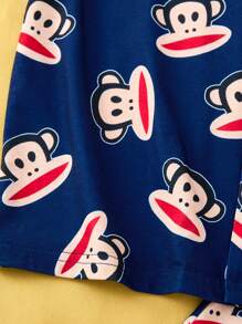 Paul Frank X SHEIN Tween Boy Cartoon Monkey Printed Navy Blue Casual Short Sleeve Button-Up Shirt And Loose Shorts Flame Resistant Pajama Set - Navy Blue - View 7