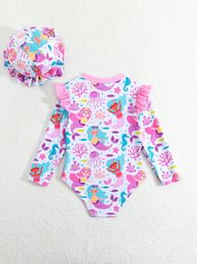 Đồ bơi liền thân dài tay in họa tiết động vật hoạt hình có khóa kéo viền bèo nhún cho bé gái kèm mũ - Nhiều màu - Xem 2