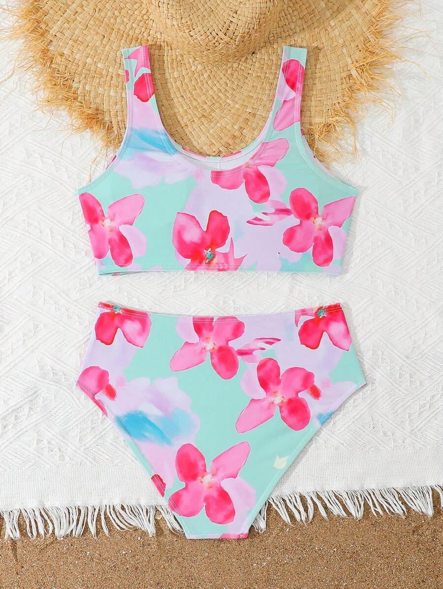 SHEIN Bộ bikini in nơ đan cho bé gái tuổi teen, thiết kế tankini dễ thương, thời trang và kín đáo, phù hợp cho bãi biển, bơi lội, nghỉ dưỡng, mùa hè - Hồng - Xem 1