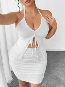 SHEIN PETITE Completo da donna taglie forti con canotta a spalline sottili e gonna mini con nodo anteriore, 2 pezzi, elegante, maturo, romantico, adatto a donne di bassa statura