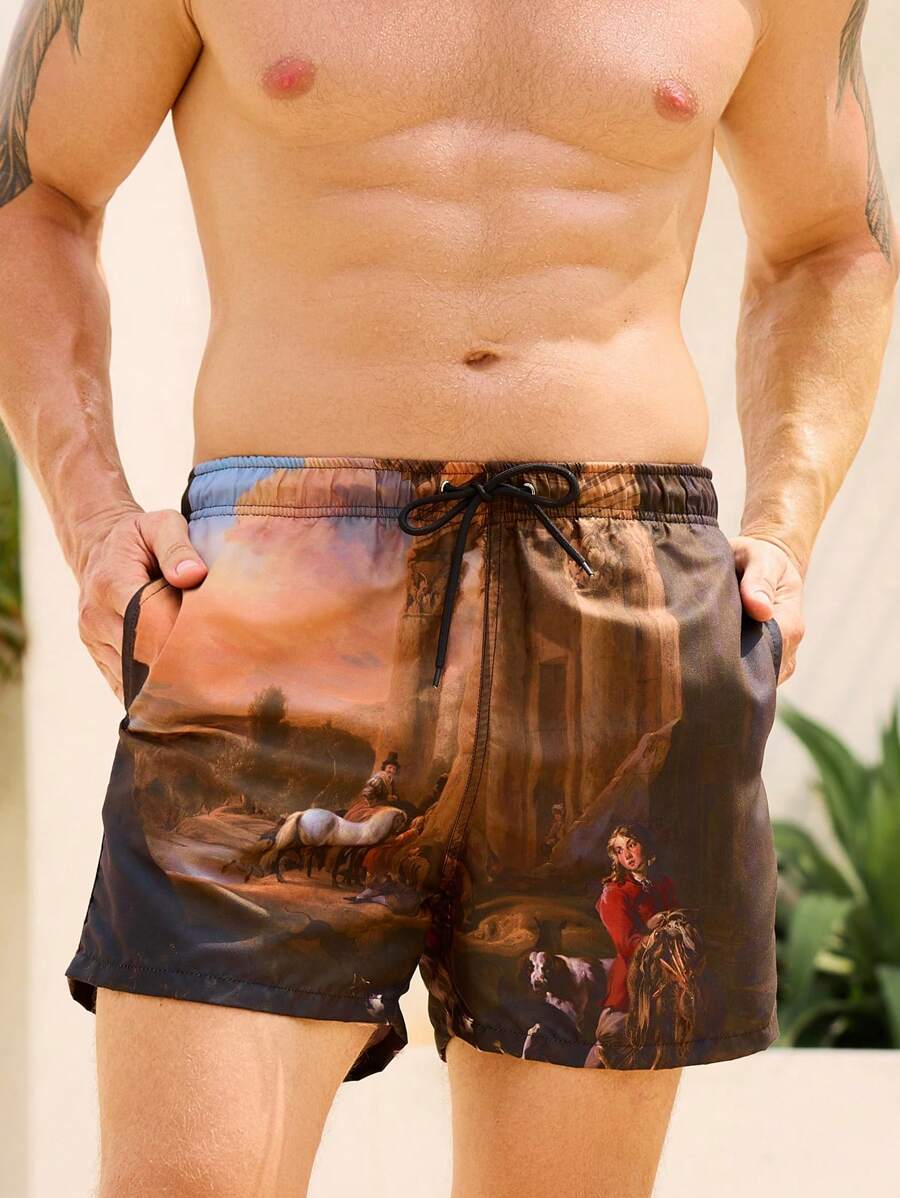 Manfinity Men's Summer Portrait Pattern Drawstring Waist Beach Shorts