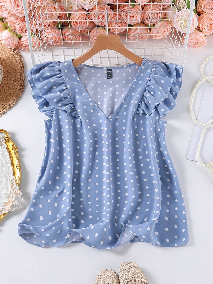 SHEIN LUNE 大码女式夏季休闲波尔卡圆点印花荷叶边V领衬衫 - 霧霾藍 - 查看 1
