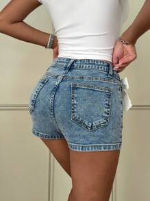 SHEIN 少女 Y2K 春夏低腰休闲复古水洗蝴蝶结口袋牛仔裤迷你基本款卷边短裤、少女夏季海滩波西米亚风度假短裤、夏季音乐会节日休闲狂欢装、少女夏季早午餐教堂毕业装、街头服饰、返校装