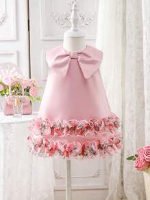 SHEIN Baby Girl Elegant Minimalist Cute Bow Shape Hem Ruffle Patchwork Dress - Pink - View 2