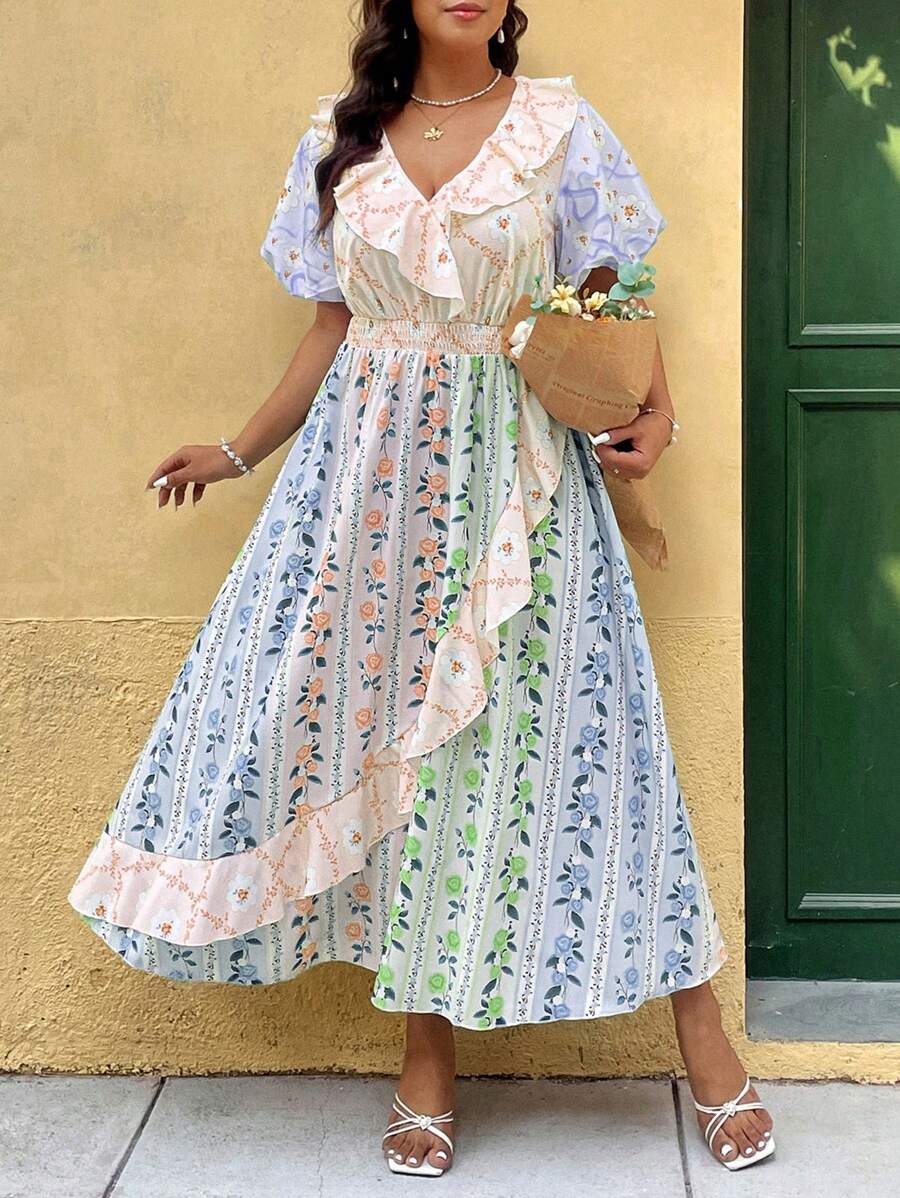 SHEIN Clasi Váy xòe tay bồng cổ chữ V thời trang ngày lễ giản dị của Pháp - trái cam - Xem 1
