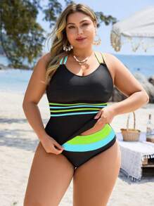 Swim Lushoire Plus Size Women 2pcs Solid Black Patchwork Fashion Vacation Everyday Tummy Control Adjustable Strap Tankini Swimsuit For Summer - Multicolor - View 1