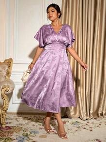Allurite Abito elegante luccicante in tessuto jacquard con scollo a V e maniche corte, adatto per uscite, tè pomeridiano, ballo
