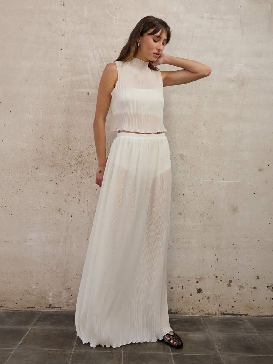 Nöista 长白色裙子，飘逸垂坠，褶皱柔软，优雅 - 杏色 - 查看 1