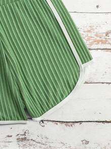 SHEIN Teen Girls Striped Printed Round Neck Sleeveless One-Piece Swimsuit With Cover Up Shorts, Suitable For Summer, Beach, Vacation Young Girls Sets Bathing Suit Set Kids 1 Piece Bathing Suit For Teens Women Bathing Suit Set Bathing Suits Teen Set - Dark Green - View 6