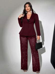 Viva Relle Set elegante da donna taglie forti composto da giacca con colletto a bavero e maniche lunghe in colore unito, e pantaloni in in rete impreziositi da perle, adatto per San Valentino