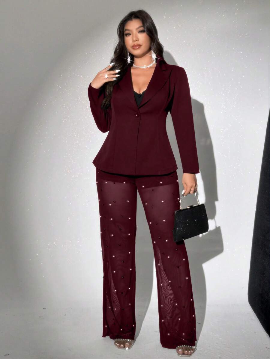 Viva Relle Set elegante da donna taglie forti composto da giacca con colletto a bavero e maniche lunghe in colore unito, e pantaloni in in rete impreziositi da perle, adatto per San Valentino