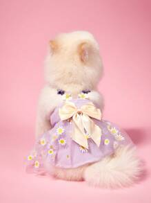 PETSIN 1pc Cute Small Daisy Lace Purple Tulle Bow Dress, Sweet Dog Apparel For Pet Universal