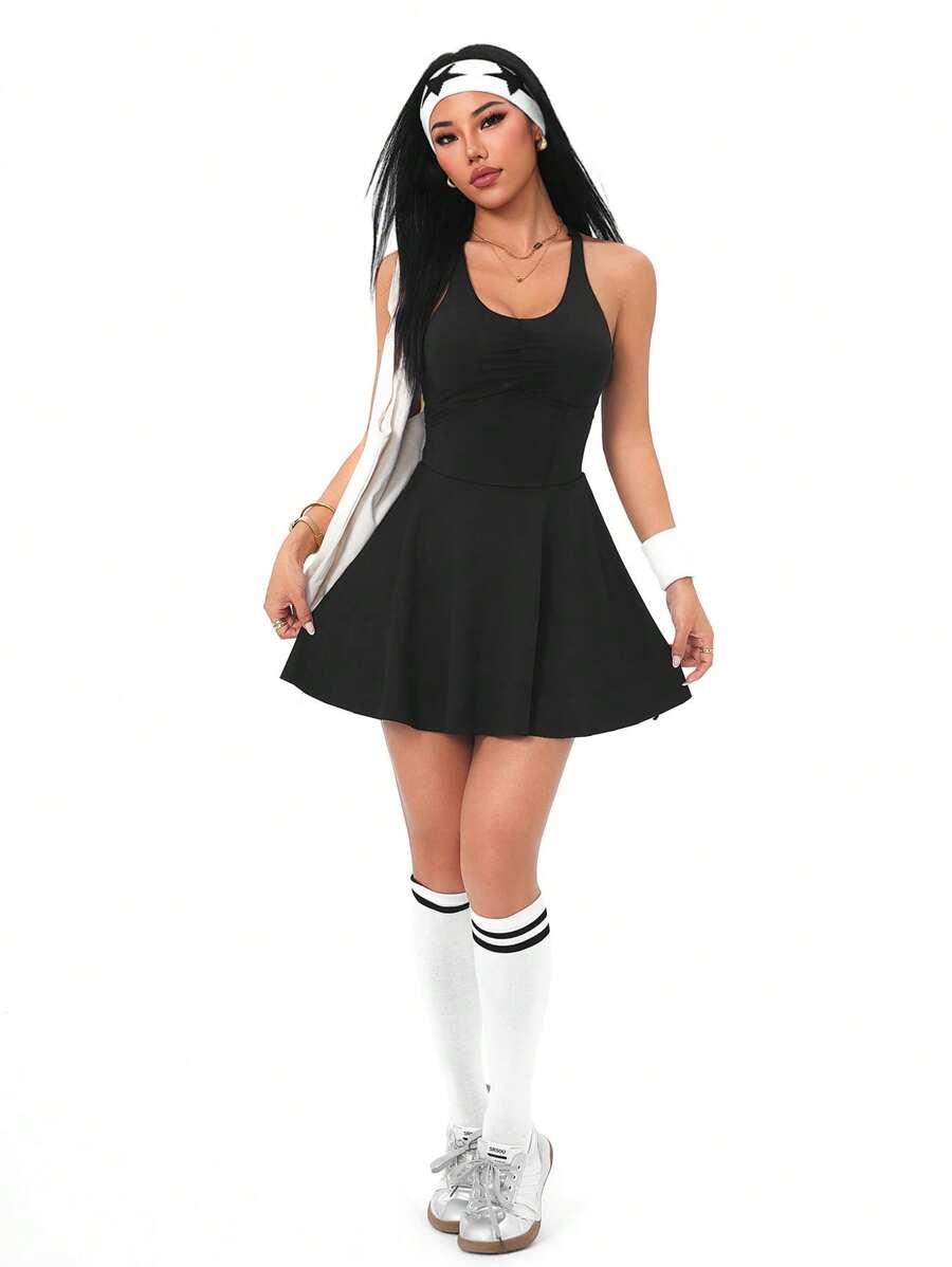 Easithlete Fashionable Halter Open Back Shorts With Lining, Sports Dress - Black - View 1