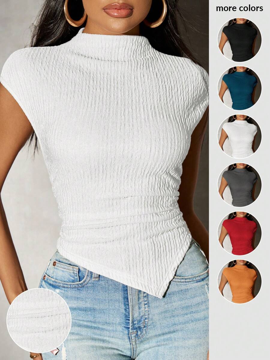 SHEIN SXY 女士春季纯色针织不对称下摆 T 恤 - 白色 - 查看 1