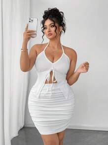 SHEIN PETITE Completo da donna taglie forti con canotta a spalline sottili e gonna mini con nodo anteriore, 2 pezzi, elegante, maturo, romantico, adatto a donne di bassa statura