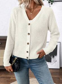 EMERY ROSE Versatile V-Neck Cardigan Sweater Outerwear For Women, Loose Casual Simple Open Front Design Fall Winter Cloth For Women - Beige - View 3