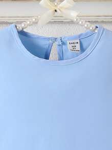 SHEIN Elladie kids Vestido de verano sin mangas con parte superior de tank azul y empalme de malla para niñas jóvenes, vestidos de niña de estilo princesa elegante para playa/resort de moda - Azul - Ver 4