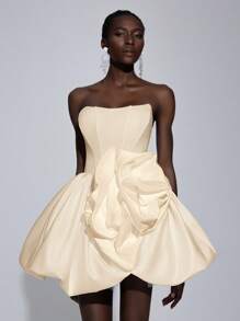 Elitara Elegant Satin Cropped Bustier, Basque Low Waist 3D Rose Tulle Dress, Adjustable Backstrap, New Year Gift Party Gown, Bride,Birthday Dress