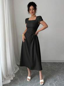 Elenzga Vestido midi elegante de mujer con manga abullonada, cuello redondo, cintura marcada y silueta estilizada, ideal para paseos, vacaciones y tardes de té, en primavera/verano