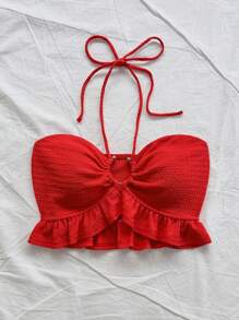 Soleia 女士休闲度假夏季安卡拉红色纹理针织荷叶边下摆前锁孔系带衬衫，音乐节 - 紅色 - 查看 4