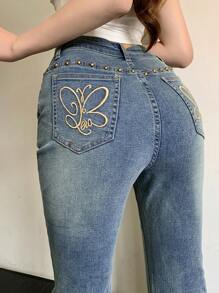 DAZY Ladies' Summer New Casual Pure High-End Decorative Slim Fit Denim Jeans - Blue - View 1