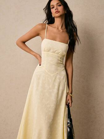 Poéselle Women's Dresses Lace-Up Backless Romantic Dress Cute Dress Cream Yellow Dress Women's Mid-Length Solid Color Spaghetti Strap Dress, Fashionable For Summer,Graduation Dresses Women Dresses Birthday Women Birthday Outfit Woman S Summer Clothes