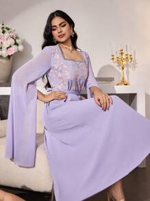Modelyn Đầm dài tay dài thêu cổ vuông thắt eo cho nữ - Màu tím - Xem 7