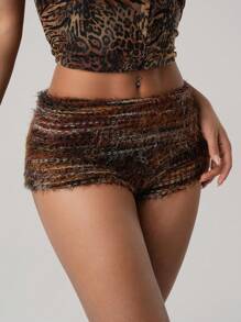 SHEIN ICON Retro Striped Faux-Furry Fabric Super Low Rise Cuff Waistband Super Short Shorts - Orange - View 1