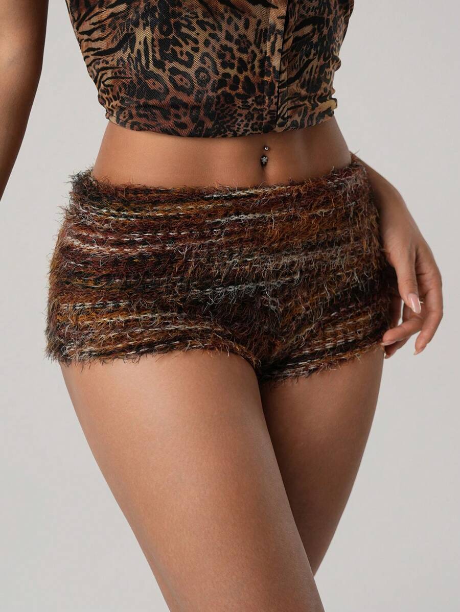 SHEIN ICON Retro Striped Faux-Furry Fabric Super Low Rise Cuff Waistband Super Short Shorts - Orange - View 1