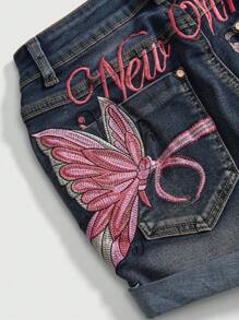 ROMWE Fairycore Quần short denim cạp thấp thêu hình bướm và đầu lâu cổ điển gợi cảm Y2K dành cho phụ nữ ngoại cỡ, Trở lại trường học - Màu xanh lam - Xem 2