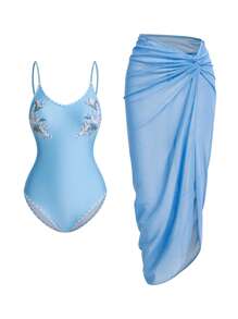 Swim Oasis Women's Embroidered Dog Tooth Contrast Color Floral Mesh One-Piece Swimsuit, Elegant Casual For Spring, Summer, Vacation, Beach Party, 2-Piece Set