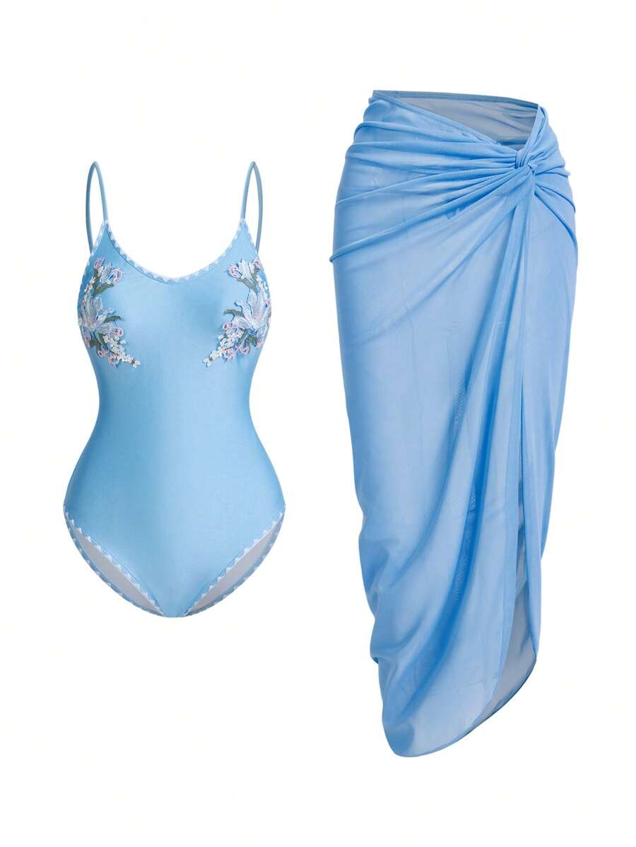 Swim Oasis Women's Embroidered Dog Tooth Contrast Color Floral Mesh One-Piece Swimsuit, Elegant Casual For Spring, Summer, Vacation, Beach Party, 2-Piece Set