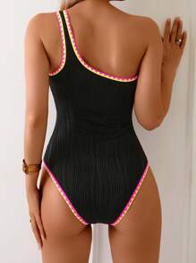 SHEIN Swim Women's Solid Wavy Texture One Shoulder Drawstring Ruffle Trim One-Piece Swimsuit, Beach Holiday For Summer Beach Vacation - Black - View 2