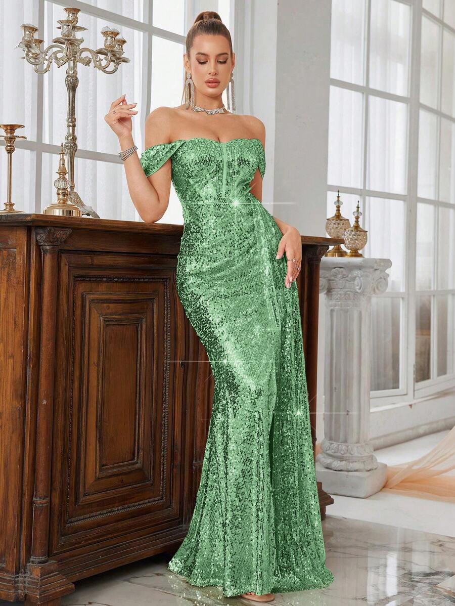 SHEIN Belle Vestido largo formal de mujer de color verde menta con lentejuelas, hombros descubiertos, sin mangas, cintura ceñida y abertura alta, elegante vestido de noche para invitada de boda, evento formal, fiesta y graduación - verde menta - Ver 1