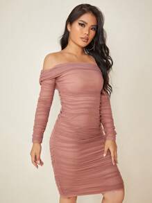 SHEIN SXY Vestido De Malla Entallado Con Hombros Descubiertos Con Pliegues